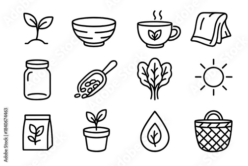 Organic Lifestyle Icons. Organic Lifestyle Balance linear set: fresh sprout, wooden bowl, herbal tea cup, natural fiber cloth, glass jar, whole grain scoop, leafy greens bunch,
