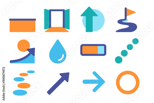 Visionary Growth Icons. Future-Focused Growth Choices flat set: horizon line, opportunity window, future arrow, guided path, milestone marker, aspiration beam, clarity droplet,