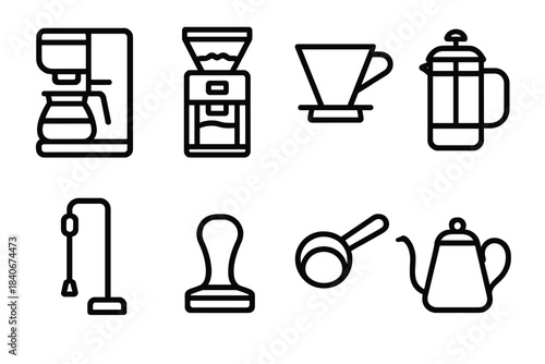 Coffee Brewing Tools. Brewing essentials linear set: drip coffee maker, burr grinder, ceramic dripper, press pot, steam wand, tamper tool, measuring scoop, gooseneck kettle.