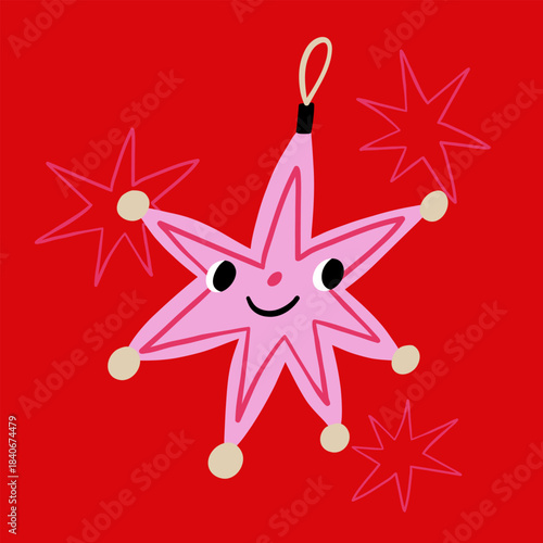 A cute star-shaped Christmas tree ornament. The smiling star is a symbol of the holiday and Christmas magic. New Year's and Christmas decor. Vector illustration of a little star toy.