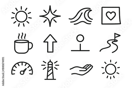 Energized Icon Collection. Positive Push linear set: sunburst, energized spark, enthusiasm wave, gratitude note, warm mug, uplift arrow, milestone dot, guided path, effort gauge,