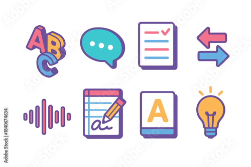 Learning Symbols Icons. Communication learning symbols isometric flat set: alphabet row, word bubble, study sheet, language arrows, audio wave, handwriting guide, practice card,