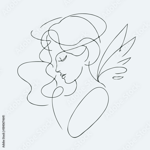 Elegant outline of a woman with flowing hair and wings  