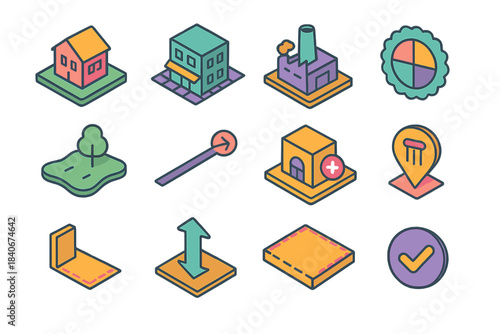 Zoning Icon Set. Zoning & Planning Icons isometric flat set: residential zone block, commercial zone grid, industrial zone square, mixed-use badge, green space patch,