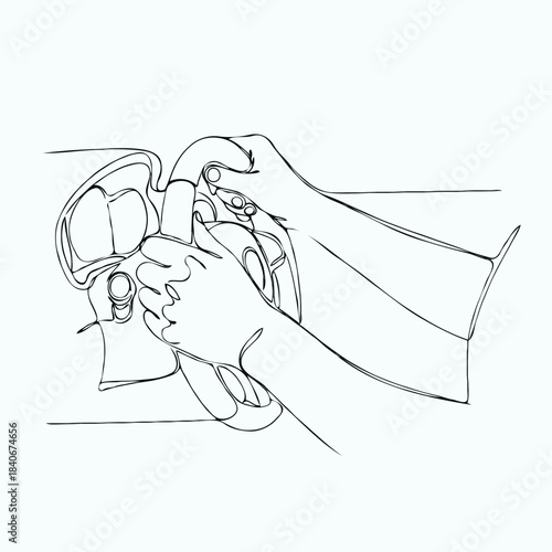 Driver's hands gripping steering wheel in minimalist line art style  