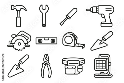 Construction Tools Icons. Construction Site Tools linear set: hammer, wrench, screwdriver, power drill, circular saw, level bar, measuring tape, utility knife, masonry trowel,