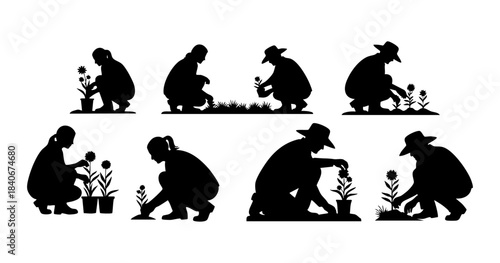Kneeling Gardener Planting Silhouette Set