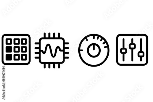 Music Production Icons. Music Production Elements linear set: beat-grid chip, synth-mod ring, frequency balance pad.