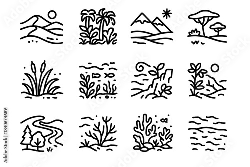 Diverse Biomes Icons. Natural World Variation linear set: sandy desert, lush jungle, cold tundra, warm savanna, misty marsh, deep lake zone, mountain cliff plants, flowing river
