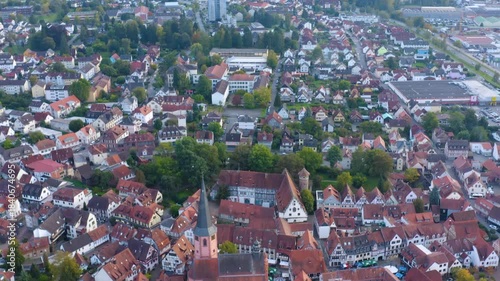 Aerial panorama view of the old town around the city Michelstadt 64720 in Germany on a cloudy noon in spring