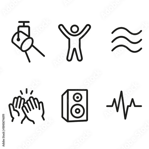 Stage Performance Elements. Stage Energy Elements linear set: spotlight beam, performer silhouette, motion wave, applause icons, stage monitor, rhythm pulse.
