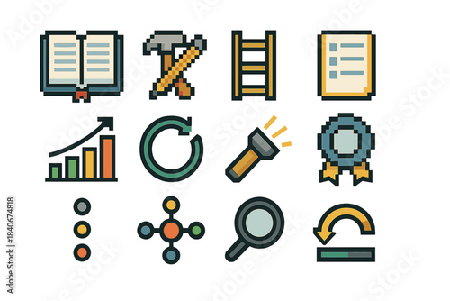 Skill Icons Set. Skill Improvement pixel style set: training book, practice tools, capability ladder, guided notes, growth chart, iteration arrow, clarity beam, learning badge,