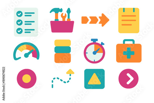 Preparation Icon Collection. Preparation Elements flat set: checklist card, organized tool tray, step-by-step arrow, planning note sheet, readiness dial, resource stack block, prep