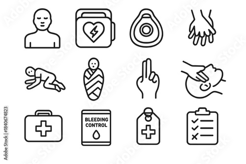 Emergency Icons Collection. Emergency Skills Foundation linear set: CPR mannequin, AED icon, rescue mask, compression hands symbol, recovery position graphic, emergency blanket,