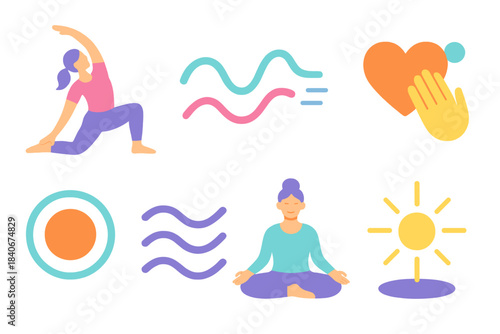 Mind-Body Icon Set. Mind–Body Soothing Set isometric flat set: gentle stretch figure, slow breath line, heart–calm icon, mindful touch gesture, grounding circle, soft wave pattern,