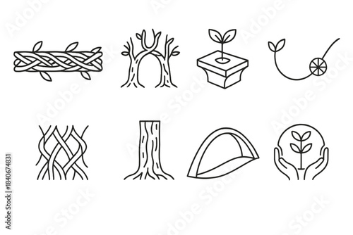 Organic Architectural Icons. Organic Structural Systems linear set: plant-woven beam, living root arch, eco-formed support tile, regenerative tension line, adaptive biostructure