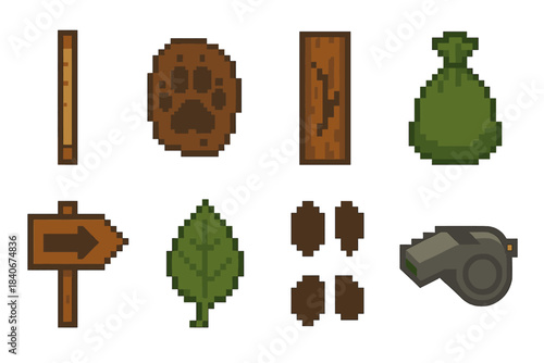 Nature Tracking Icons. Nature tracking elements set of icons in flat pixel vector style: stride measurement stick, mud print, tree rubbing mark, scat bag, directional arrow sign,