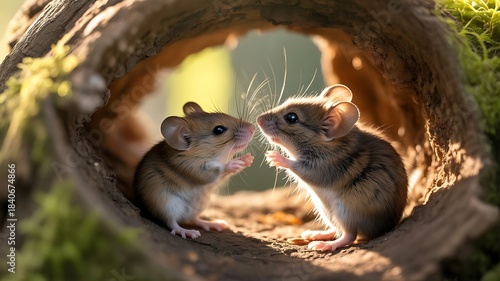 Two adorable field mice share a tender moment while peeking out from the cozy shelter of a hollow tree log