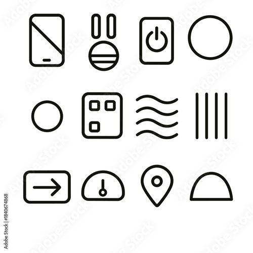 Digital Detox Icons. Digital Detox Principles linear set: screen fade tile, pause breath node, off-mode bar, calm ring cue, clarity dot, low-input patch, presence stripe,