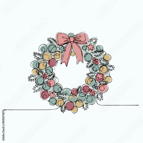 Colorful Christmas wreath with bow and decorative elements  