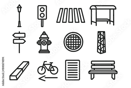 City Elements Icons. City Element Collection linear set: tall lamp post, traffic indicator, pedestrian stripes, shelter stop, arrow sign, emergency hydrant, manhole lid, grid pole,