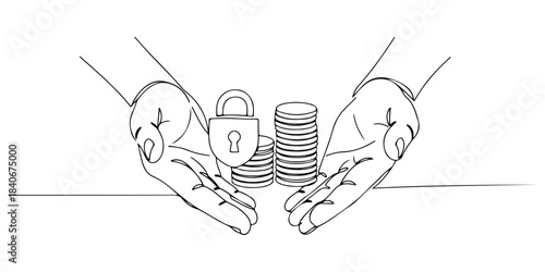 Continuous one line drawing of a pair of hands holding a security symbol with a stack of coins, representing long-term financial security, line art style vector illustration.