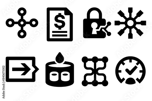 Bold Payment Icons. Instant Settlement Infrastructure silhouette set: payment nodes, settlement ledger, encrypted channel, validation hub, transfer gateway, liquidity pool,