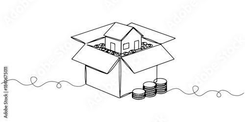 Continuous one line drawing of a box containing a mini house and gold coins, representing property attainment through wealth management, line art style vector illustration.