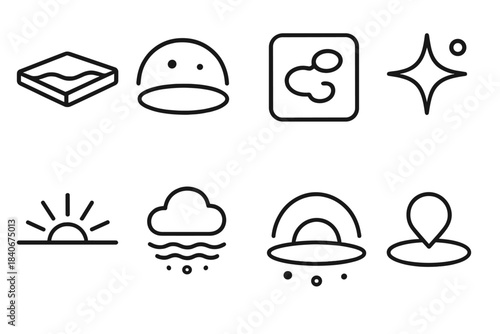 Celestial Icon Designs. Celestial-ground interplay linear set: surface plate, sky halo band, nebula glow tile, distant star node, horizon beam, atmospheric ripple, cosmic arc,