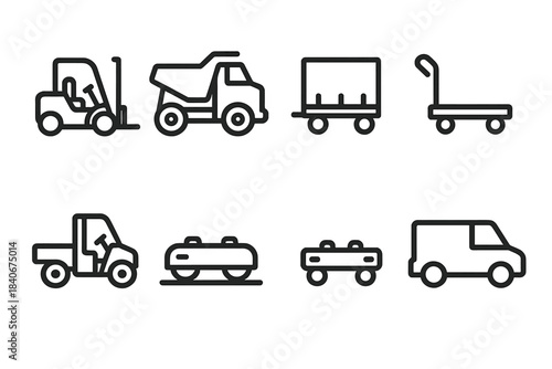 Industrial Mobility Icons. Industrial mobility icons linear set: lift truck, heavy hauler, cargo trailer, transport dolly, plant utility vehicle, guided rail cart, automated mover,