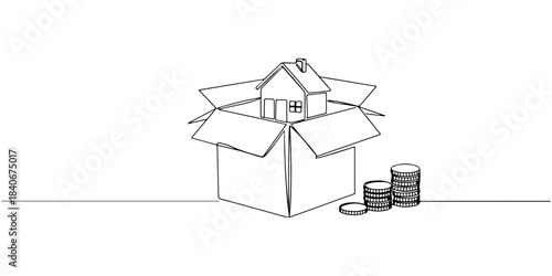 Continuous one line drawing of a box containing a mini house and gold coins, representing property attainment through wealth management, line art style vector illustration.