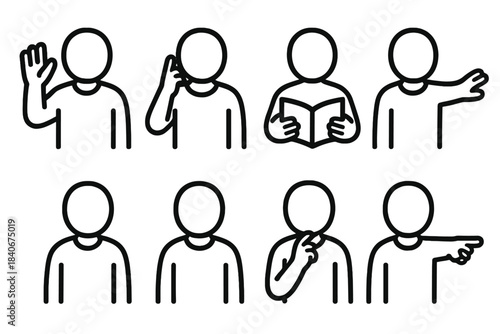 Gestural Icons Collection. Routine Gesture Set linear set: greeting wave, phone call hand, reading gesture, reaching hand, yes nod, no shake, thinking chin tap, quick point.