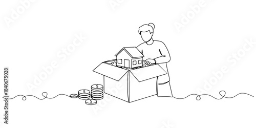 Continuous one line drawing of a box containing a mini house and gold coins, representing property attainment through wealth management, line art style vector illustration.