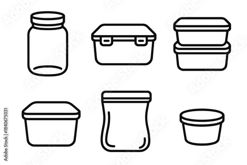 Food Storage Icons. Food Storage Containers linear set: glass jar, airtight box, stackable container, freezer-safe tub, reusable pouch, portion cup.
