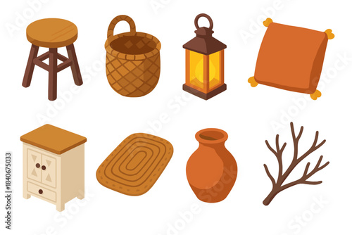 Isometric Interior Icons. Interior style elements isometric flat set: rustic wood stool, woven basket, warm lantern, textured pillow, farmhouse cabinet, natural fiber rug, clay pot