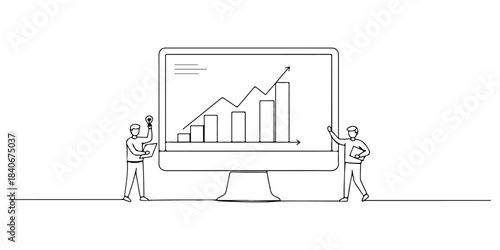 Continuous one line drawing of a two people discussing while looking at an investment chart, representing joint financial planning, line art style vector illustration.