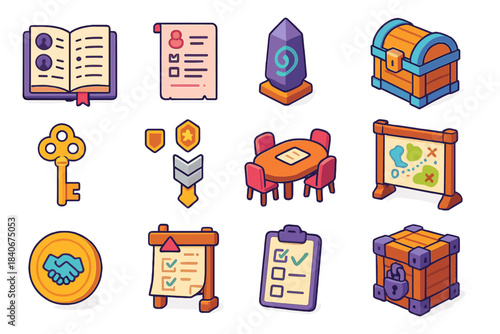 Isometric Guild Icons. Guild Management Tools isometric flat set: roster ledger, duty assignment slip, communication rune, resource chest, guild hall key, rank badge set, meeting