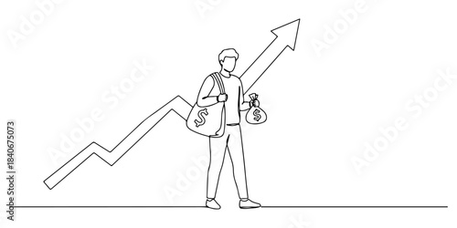 Continuous one line drawing of a young investor with a bag and a rising graph behind him, representing the early start of wealth management, line art style vector illustration.