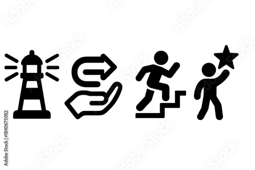 Brutalist Support Icons. Organizational Support Routes silhouette set: outreach beacon, assistance-flow band, empowerment step icon.