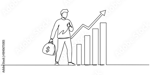 Continuous one line drawing of a young investor with a bag and a rising graph behind him, representing the early start of wealth management, line art style vector illustration.