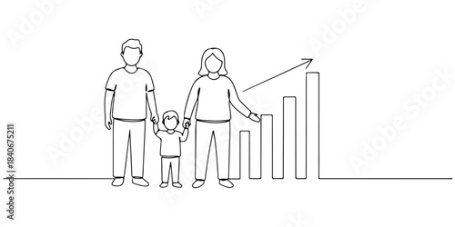 Continuous one line drawing of a happy family standing with a stable graph symbol behind, representing the financial stability of the family, line art style vector illustration.