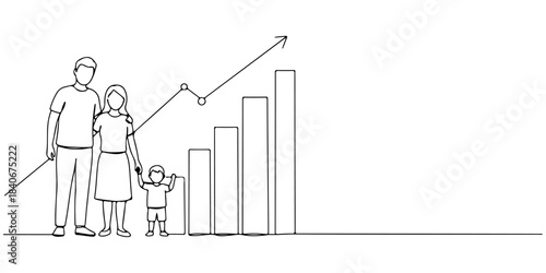 Continuous one line drawing of a happy family standing with a stable graph symbol behind, representing the financial stability of the family, line art style vector illustration.