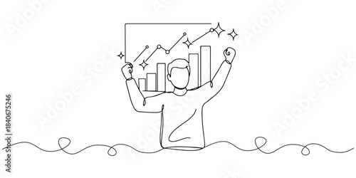 Continuous one line drawing of a person cheering with a wealth graph behind him, representing the success of a personal portfolio, line art style vector illustration.