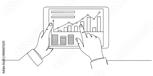 Continuous one line drawing of a hand pointing at a complete investment portfolio on a tablet screen, representing active financial oversight, line art style vector illustration.