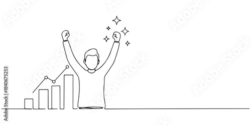 Continuous one line drawing of a person cheering with a wealth graph behind him, representing the success of a personal portfolio, line art style vector illustration.