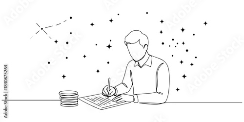 Continuous one line drawing of a person signing a big investment agreement with a star background, representing a big wealth deal, line art style vector illustration.