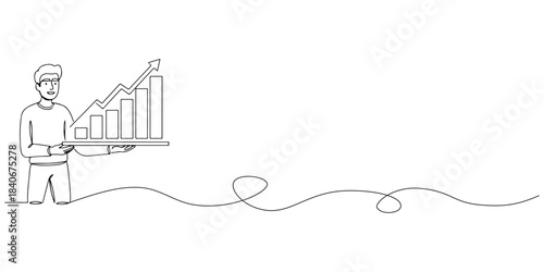 A continuous line drawing of a person holding an upward investment chart with satisfaction, representing successful wealth management, line art style vector illustration.