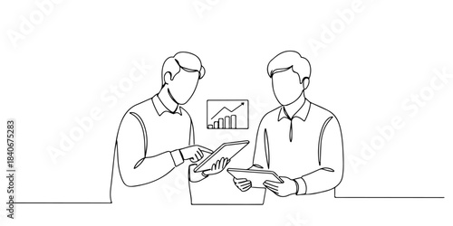 Continuous one line drawing of two people discussing while looking at investment charts on a tablet, representing joint financial planning, line art style vector illustration.