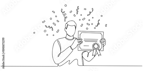 Continuous one line drawing of a person holding a mutual fund certificate with confetti background, representing the celebration of investment results, line art style vector illustration.