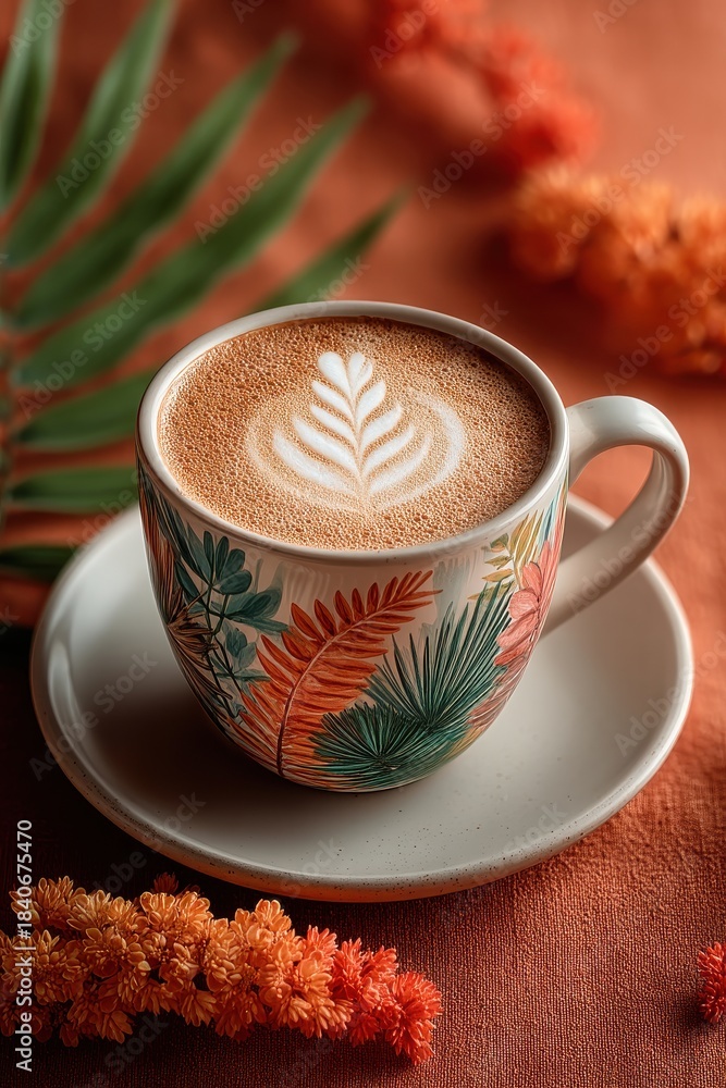 Fototapeta premium Autumn coffee cup with leaf latte art on a decorative mug surrounded by orange leaves
